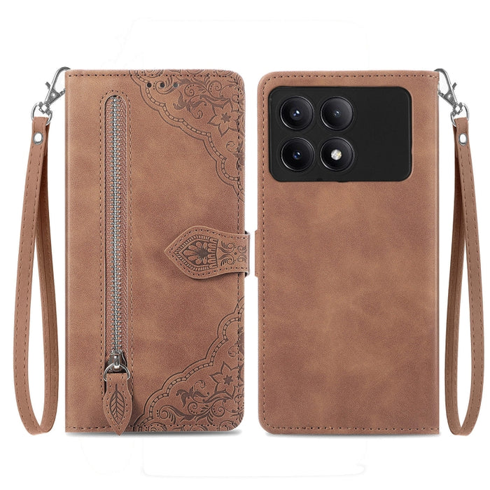 Funda para teléfono de cuero con cremallera y flores en relieve, For Xiaomi Poco M6 Pro 4G, For Xiaomi Redmi Note 13 Pro 4G, For Xiaomi Redmi A3, For Xiaomi Redmi Note 13 4G, For Xiaomi Redmi 13C 5G, For Xiaomi Redmi K70E, For Xiaomi Poco X6 Pro       ...