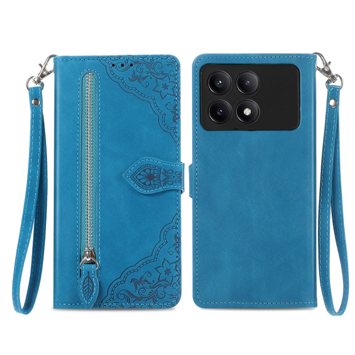 Funda para teléfono de cuero con cremallera y flores en relieve, For Xiaomi Poco M6 Pro 4G, For Xiaomi Redmi Note 13 Pro 4G, For Xiaomi Redmi A3, For Xiaomi Redmi Note 13 4G, For Xiaomi Redmi 13C 5G, For Xiaomi Redmi K70E, For Xiaomi Poco X6 Pro       ...