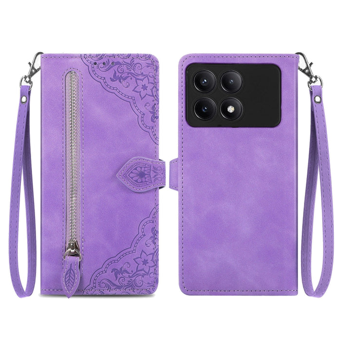 Funda para teléfono de cuero con cremallera y flores en relieve, For Xiaomi Poco M6 Pro 4G, For Xiaomi Redmi Note 13 Pro 4G, For Xiaomi Redmi A3, For Xiaomi Redmi Note 13 4G, For Xiaomi Redmi 13C 5G, For Xiaomi Redmi K70E, For Xiaomi Poco X6 Pro       ...