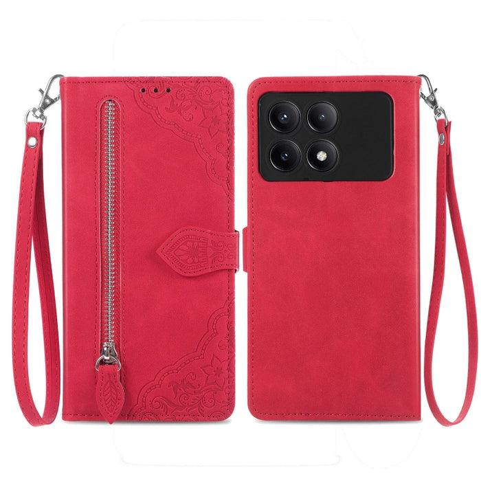 Funda para teléfono de cuero con cremallera y flores en relieve, For Xiaomi Poco M6 Pro 4G, For Xiaomi Redmi Note 13 Pro 4G, For Xiaomi Redmi A3, For Xiaomi Redmi Note 13 4G, For Xiaomi Redmi 13C 5G, For Xiaomi Redmi K70E, For Xiaomi Poco X6 Pro       ...