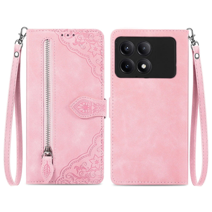 Funda para teléfono de cuero con cremallera y flores en relieve, For Xiaomi Poco M6 Pro 4G, For Xiaomi Redmi Note 13 Pro 4G, For Xiaomi Redmi A3, For Xiaomi Redmi Note 13 4G, For Xiaomi Redmi 13C 5G, For Xiaomi Redmi K70E, For Xiaomi Poco X6 Pro       ...