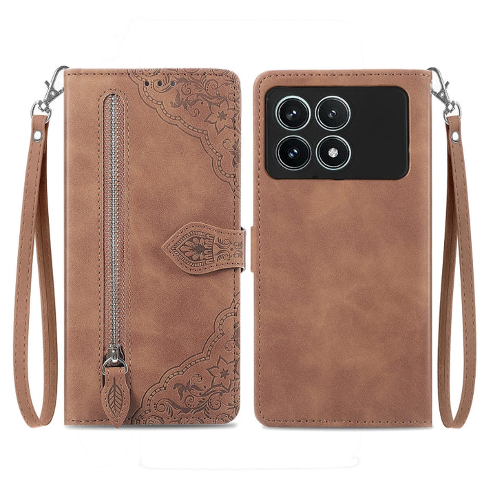 Funda para teléfono de cuero con cremallera y flores en relieve, For Xiaomi Poco M6 Pro 4G, For Xiaomi Redmi Note 13 Pro 4G, For Xiaomi Redmi A3, For Xiaomi Redmi Note 13 4G, For Xiaomi Redmi 13C 5G, For Xiaomi Redmi K70E, For Xiaomi Poco X6 Pro       ...