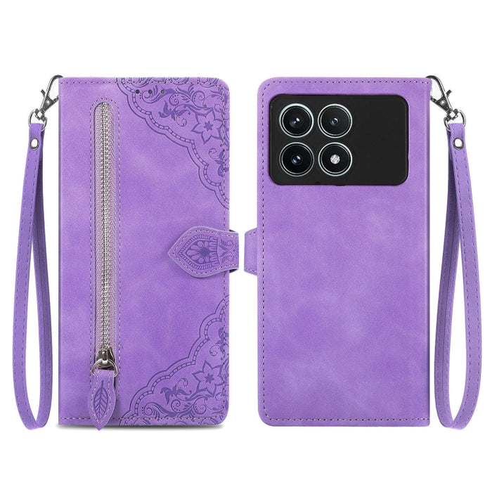 Funda para teléfono de cuero con cremallera y flores en relieve, For Xiaomi Poco M6 Pro 4G, For Xiaomi Redmi Note 13 Pro 4G, For Xiaomi Redmi A3, For Xiaomi Redmi Note 13 4G, For Xiaomi Redmi 13C 5G, For Xiaomi Redmi K70E, For Xiaomi Poco X6 Pro       ...