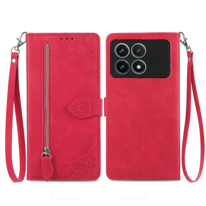 Funda para teléfono de cuero con cremallera y flores en relieve, For Xiaomi Poco M6 Pro 4G, For Xiaomi Redmi Note 13 Pro 4G, For Xiaomi Redmi A3, For Xiaomi Redmi Note 13 4G, For Xiaomi Redmi 13C 5G, For Xiaomi Redmi K70E, For Xiaomi Poco X6 Pro       ...