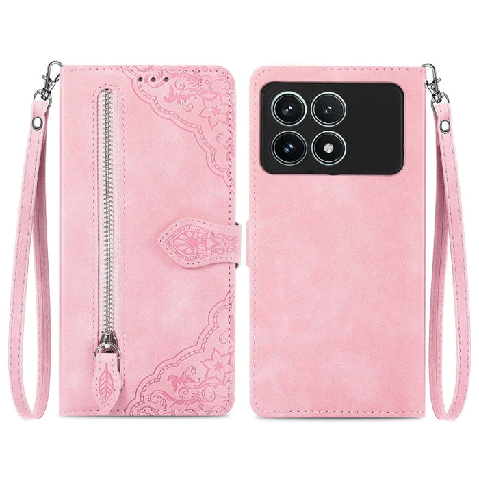 Funda para teléfono de cuero con cremallera y flores en relieve, For Xiaomi Poco M6 Pro 4G, For Xiaomi Redmi Note 13 Pro 4G, For Xiaomi Redmi A3, For Xiaomi Redmi Note 13 4G, For Xiaomi Redmi 13C 5G, For Xiaomi Redmi K70E, For Xiaomi Poco X6 Pro       ...