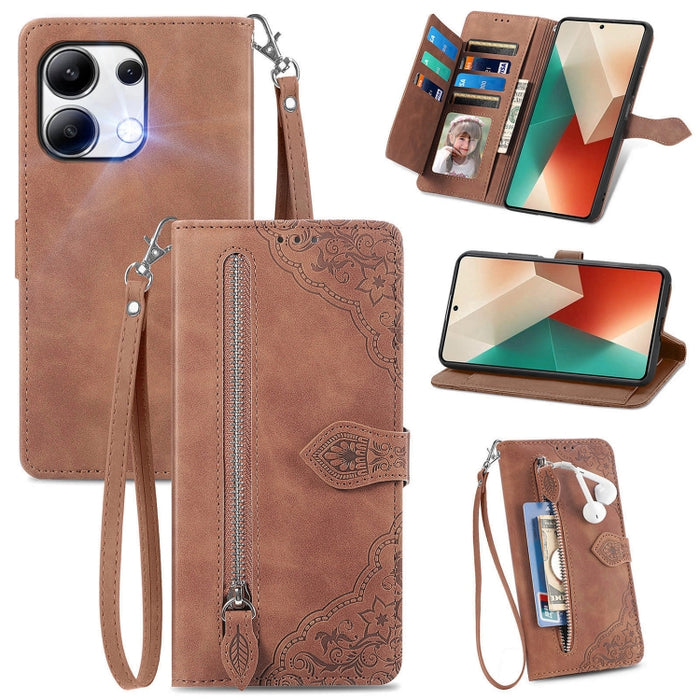 Funda para teléfono de cuero con cremallera y flores en relieve, For Xiaomi Poco M6 Pro 4G, For Xiaomi Redmi Note 13 Pro 4G, For Xiaomi Redmi A3, For Xiaomi Redmi Note 13 4G, For Xiaomi Redmi 13C 5G, For Xiaomi Redmi K70E, For Xiaomi Poco X6 Pro       ...