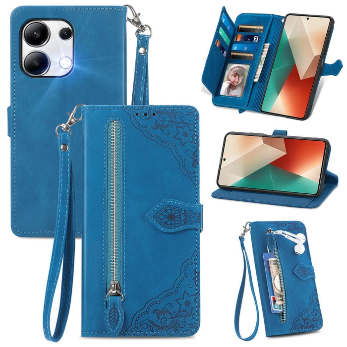 Funda para teléfono de cuero con cremallera y flores en relieve, For Xiaomi Poco M6 Pro 4G, For Xiaomi Redmi Note 13 Pro 4G, For Xiaomi Redmi A3, For Xiaomi Redmi Note 13 4G, For Xiaomi Redmi 13C 5G, For Xiaomi Redmi K70E, For Xiaomi Poco X6 Pro       ...