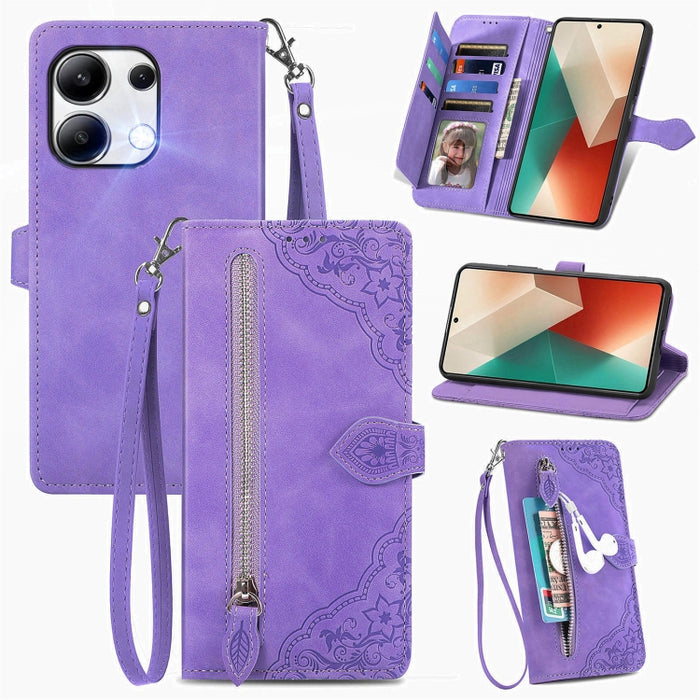 Funda para teléfono de cuero con cremallera y flores en relieve, For Xiaomi Poco M6 Pro 4G, For Xiaomi Redmi Note 13 Pro 4G, For Xiaomi Redmi A3, For Xiaomi Redmi Note 13 4G, For Xiaomi Redmi 13C 5G, For Xiaomi Redmi K70E, For Xiaomi Poco X6 Pro       ...