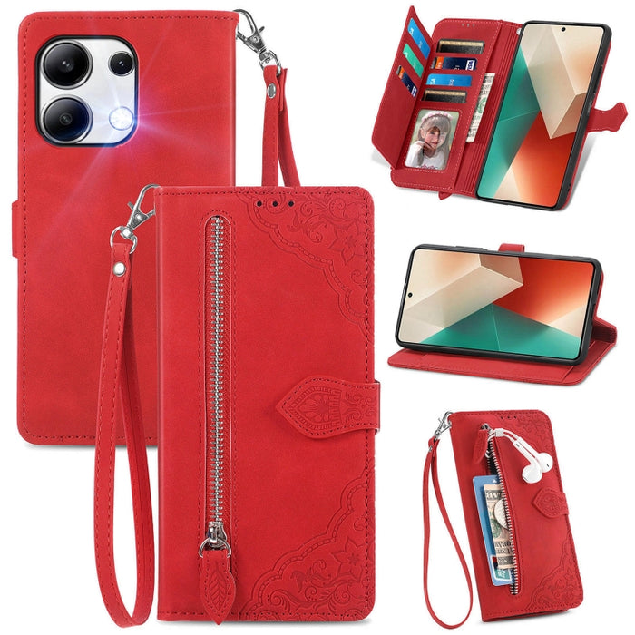 Funda para teléfono de cuero con cremallera y flores en relieve, For Xiaomi Poco M6 Pro 4G, For Xiaomi Redmi Note 13 Pro 4G, For Xiaomi Redmi A3, For Xiaomi Redmi Note 13 4G, For Xiaomi Redmi 13C 5G, For Xiaomi Redmi K70E, For Xiaomi Poco X6 Pro       ...