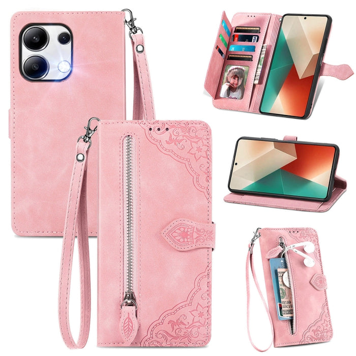 Funda para teléfono de cuero con cremallera y flores en relieve, For Xiaomi Poco M6 Pro 4G, For Xiaomi Redmi Note 13 Pro 4G, For Xiaomi Redmi A3, For Xiaomi Redmi Note 13 4G, For Xiaomi Redmi 13C 5G, For Xiaomi Redmi K70E, For Xiaomi Poco X6 Pro       ...