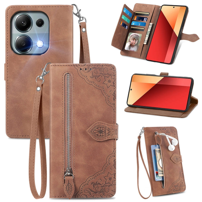 Funda para teléfono de cuero con cremallera y flores en relieve, For Xiaomi Poco M6 Pro 4G, For Xiaomi Redmi Note 13 Pro 4G, For Xiaomi Redmi A3, For Xiaomi Redmi Note 13 4G, For Xiaomi Redmi 13C 5G, For Xiaomi Redmi K70E, For Xiaomi Poco X6 Pro       ...