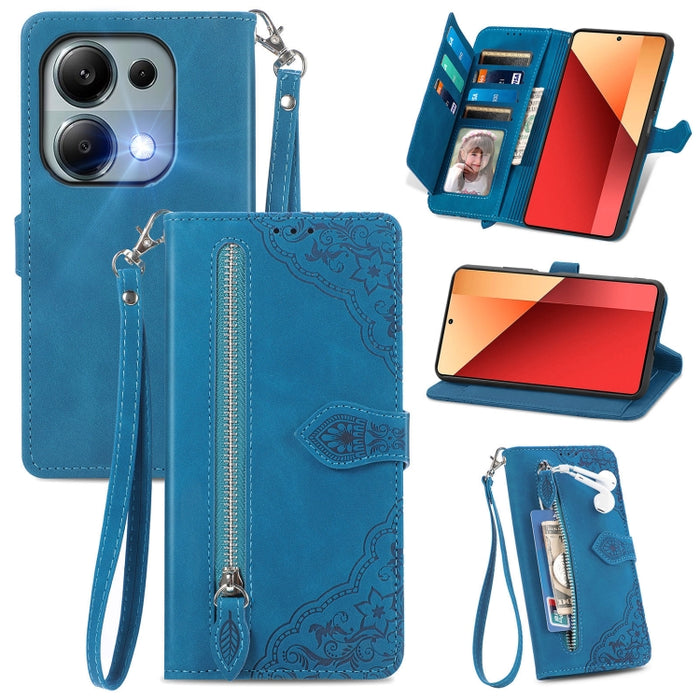 Funda para teléfono de cuero con cremallera y flores en relieve, For Xiaomi Poco M6 Pro 4G, For Xiaomi Redmi Note 13 Pro 4G, For Xiaomi Redmi A3, For Xiaomi Redmi Note 13 4G, For Xiaomi Redmi 13C 5G, For Xiaomi Redmi K70E, For Xiaomi Poco X6 Pro       ...