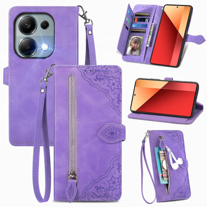 Funda para teléfono de cuero con cremallera y flores en relieve, For Xiaomi Poco M6 Pro 4G, For Xiaomi Redmi Note 13 Pro 4G, For Xiaomi Redmi A3, For Xiaomi Redmi Note 13 4G, For Xiaomi Redmi 13C 5G, For Xiaomi Redmi K70E, For Xiaomi Poco X6 Pro       ...