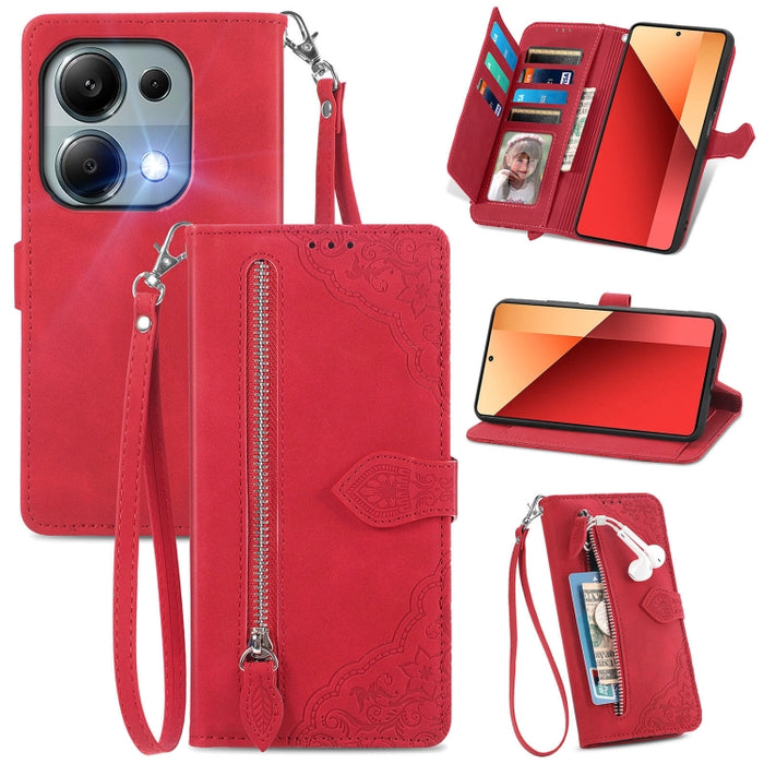 Funda para teléfono de cuero con cremallera y flores en relieve, For Xiaomi Poco M6 Pro 4G, For Xiaomi Redmi Note 13 Pro 4G, For Xiaomi Redmi A3, For Xiaomi Redmi Note 13 4G, For Xiaomi Redmi 13C 5G, For Xiaomi Redmi K70E, For Xiaomi Poco X6 Pro       ...