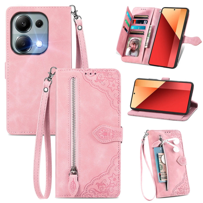 Funda para teléfono de cuero con cremallera y flores en relieve, For Xiaomi Poco M6 Pro 4G, For Xiaomi Redmi Note 13 Pro 4G, For Xiaomi Redmi A3, For Xiaomi Redmi Note 13 4G, For Xiaomi Redmi 13C 5G, For Xiaomi Redmi K70E, For Xiaomi Poco X6 Pro       ...
