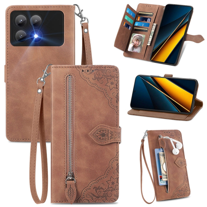 Funda para teléfono de cuero con cremallera y flores en relieve, For Xiaomi Poco M6 Pro 4G, For Xiaomi Redmi Note 13 Pro 4G, For Xiaomi Redmi A3, For Xiaomi Redmi Note 13 4G, For Xiaomi Redmi 13C 5G, For Xiaomi Redmi K70E, For Xiaomi Poco X6 Pro       ...