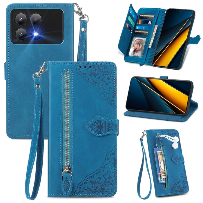 Funda para teléfono de cuero con cremallera y flores en relieve, For Xiaomi Poco M6 Pro 4G, For Xiaomi Redmi Note 13 Pro 4G, For Xiaomi Redmi A3, For Xiaomi Redmi Note 13 4G, For Xiaomi Redmi 13C 5G, For Xiaomi Redmi K70E, For Xiaomi Poco X6 Pro       ...