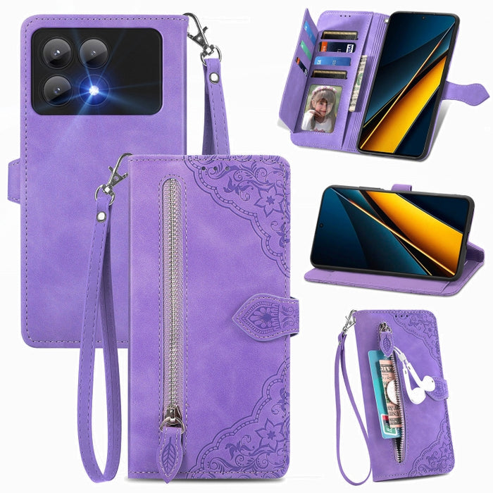 Funda para teléfono de cuero con cremallera y flores en relieve, For Xiaomi Poco M6 Pro 4G, For Xiaomi Redmi Note 13 Pro 4G, For Xiaomi Redmi A3, For Xiaomi Redmi Note 13 4G, For Xiaomi Redmi 13C 5G, For Xiaomi Redmi K70E, For Xiaomi Poco X6 Pro       ...