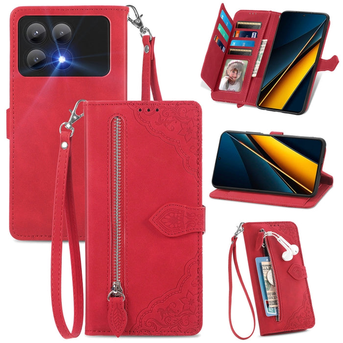 Funda para teléfono de cuero con cremallera y flores en relieve, For Xiaomi Poco M6 Pro 4G, For Xiaomi Redmi Note 13 Pro 4G, For Xiaomi Redmi A3, For Xiaomi Redmi Note 13 4G, For Xiaomi Redmi 13C 5G, For Xiaomi Redmi K70E, For Xiaomi Poco X6 Pro       ...