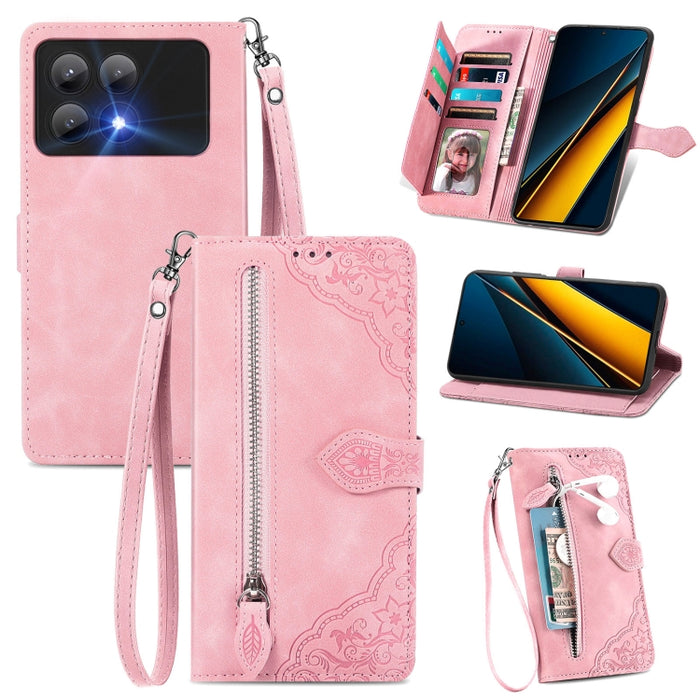 Funda para teléfono de cuero con cremallera y flores en relieve, For Xiaomi Poco M6 Pro 4G, For Xiaomi Redmi Note 13 Pro 4G, For Xiaomi Redmi A3, For Xiaomi Redmi Note 13 4G, For Xiaomi Redmi 13C 5G, For Xiaomi Redmi K70E, For Xiaomi Poco X6 Pro       ...
