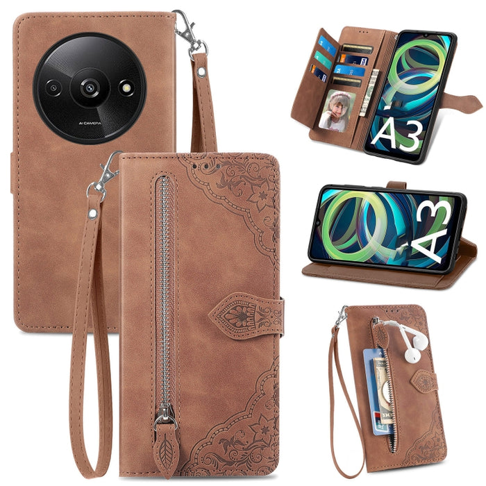 Funda para teléfono de cuero con cremallera y flores en relieve, For Xiaomi Poco M6 Pro 4G, For Xiaomi Redmi Note 13 Pro 4G, For Xiaomi Redmi A3, For Xiaomi Redmi Note 13 4G, For Xiaomi Redmi 13C 5G, For Xiaomi Redmi K70E, For Xiaomi Poco X6 Pro       ...