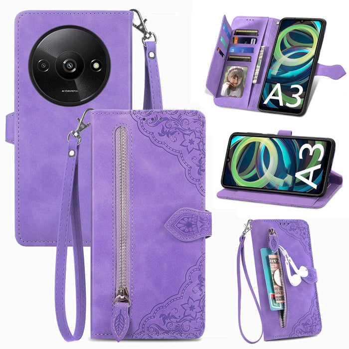 Funda para teléfono de cuero con cremallera y flores en relieve, For Xiaomi Poco M6 Pro 4G, For Xiaomi Redmi Note 13 Pro 4G, For Xiaomi Redmi A3, For Xiaomi Redmi Note 13 4G, For Xiaomi Redmi 13C 5G, For Xiaomi Redmi K70E, For Xiaomi Poco X6 Pro       ...