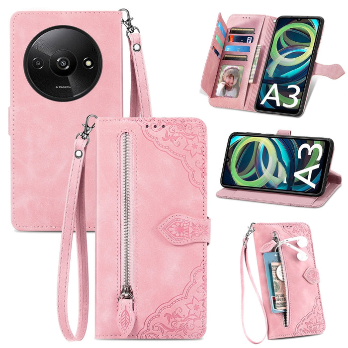 Funda para teléfono de cuero con cremallera y flores en relieve, For Xiaomi Poco M6 Pro 4G, For Xiaomi Redmi Note 13 Pro 4G, For Xiaomi Redmi A3, For Xiaomi Redmi Note 13 4G, For Xiaomi Redmi 13C 5G, For Xiaomi Redmi K70E, For Xiaomi Poco X6 Pro       ...