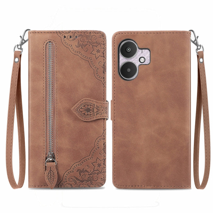 Funda para teléfono de cuero con cremallera y flores en relieve, For Xiaomi Poco M6 Pro 4G, For Xiaomi Redmi Note 13 Pro 4G, For Xiaomi Redmi A3, For Xiaomi Redmi Note 13 4G, For Xiaomi Redmi 13C 5G, For Xiaomi Redmi K70E, For Xiaomi Poco X6 Pro       ...