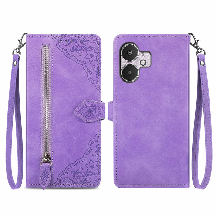 Funda para teléfono de cuero con cremallera y flores en relieve, For Xiaomi Poco M6 Pro 4G, For Xiaomi Redmi Note 13 Pro 4G, For Xiaomi Redmi A3, For Xiaomi Redmi Note 13 4G, For Xiaomi Redmi 13C 5G, For Xiaomi Redmi K70E, For Xiaomi Poco X6 Pro       ...