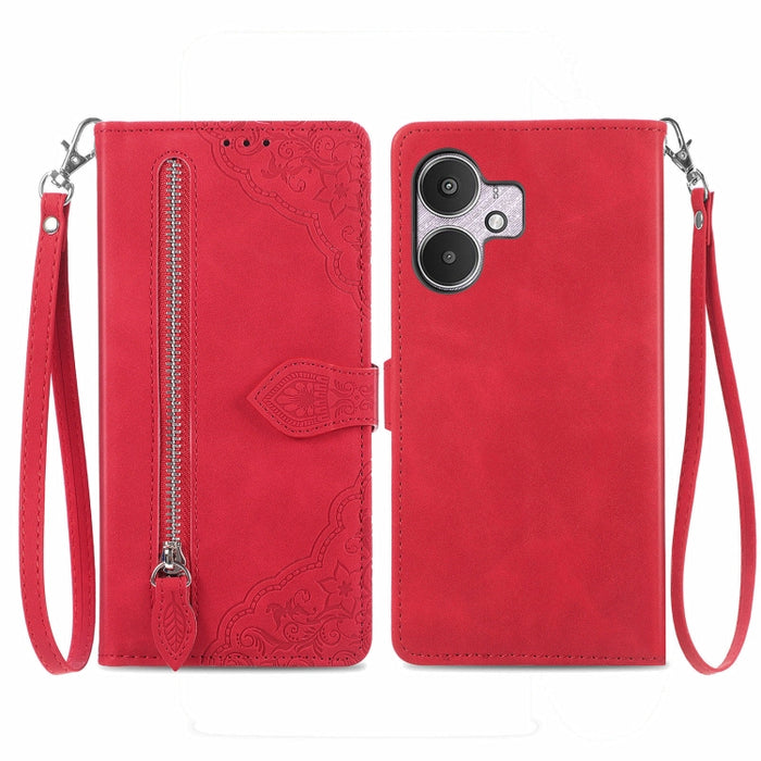 Funda para teléfono de cuero con cremallera y flores en relieve, For Xiaomi Poco M6 Pro 4G, For Xiaomi Redmi Note 13 Pro 4G, For Xiaomi Redmi A3, For Xiaomi Redmi Note 13 4G, For Xiaomi Redmi 13C 5G, For Xiaomi Redmi K70E, For Xiaomi Poco X6 Pro       ...