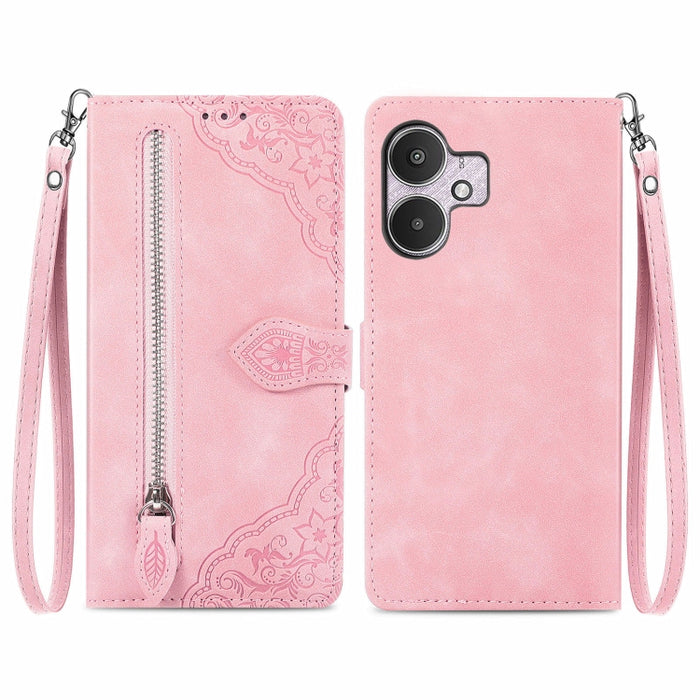 Funda para teléfono de cuero con cremallera y flores en relieve, For Xiaomi Poco M6 Pro 4G, For Xiaomi Redmi Note 13 Pro 4G, For Xiaomi Redmi A3, For Xiaomi Redmi Note 13 4G, For Xiaomi Redmi 13C 5G, For Xiaomi Redmi K70E, For Xiaomi Poco X6 Pro       ...