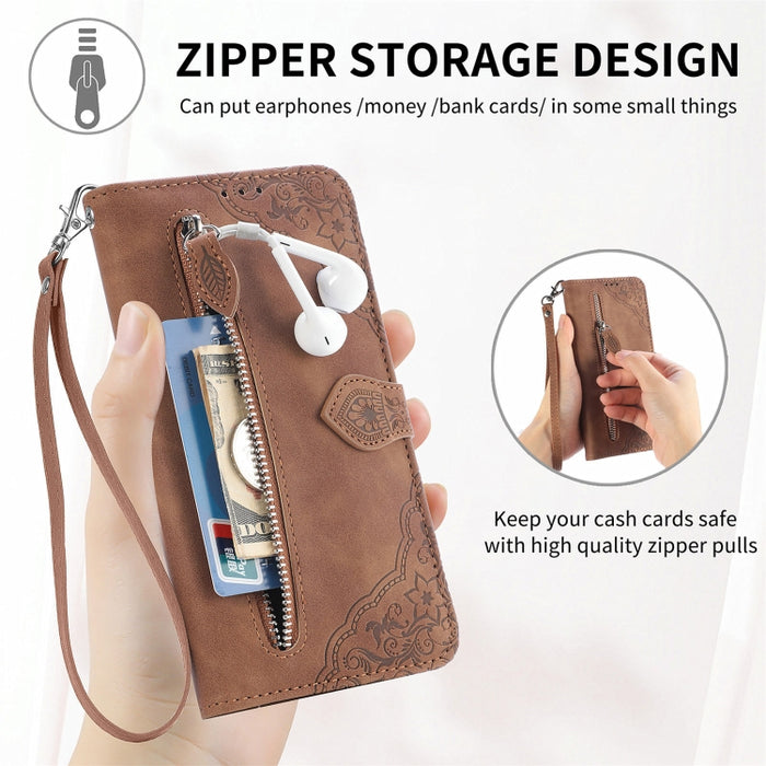 Funda para teléfono de cuero con cremallera y flores en relieve, For Xiaomi Poco M6 Pro 4G, For Xiaomi Redmi Note 13 Pro 4G, For Xiaomi Redmi A3, For Xiaomi Redmi Note 13 4G, For Xiaomi Redmi 13C 5G, For Xiaomi Redmi K70E, For Xiaomi Poco X6 Pro       ...