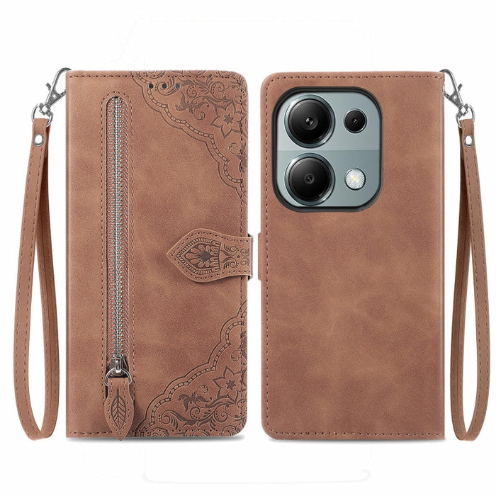 Funda para teléfono de cuero con cremallera y flores en relieve, For Xiaomi Poco M6 Pro 4G, For Xiaomi Redmi Note 13 Pro 4G, For Xiaomi Redmi A3, For Xiaomi Redmi Note 13 4G, For Xiaomi Redmi 13C 5G, For Xiaomi Redmi K70E, For Xiaomi Poco X6 Pro       ...