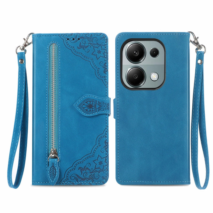 Funda para teléfono de cuero con cremallera y flores en relieve, For Xiaomi Poco M6 Pro 4G, For Xiaomi Redmi Note 13 Pro 4G, For Xiaomi Redmi A3, For Xiaomi Redmi Note 13 4G, For Xiaomi Redmi 13C 5G, For Xiaomi Redmi K70E, For Xiaomi Poco X6 Pro       ...
