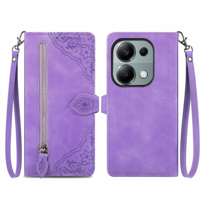Funda para teléfono de cuero con cremallera y flores en relieve, For Xiaomi Poco M6 Pro 4G, For Xiaomi Redmi Note 13 Pro 4G, For Xiaomi Redmi A3, For Xiaomi Redmi Note 13 4G, For Xiaomi Redmi 13C 5G, For Xiaomi Redmi K70E, For Xiaomi Poco X6 Pro       ...