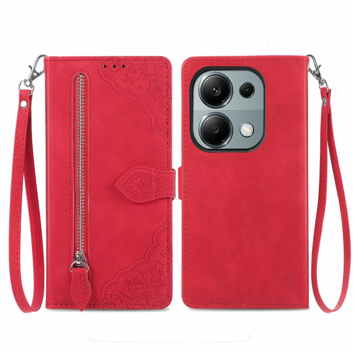 Funda para teléfono de cuero con cremallera y flores en relieve, For Xiaomi Poco M6 Pro 4G, For Xiaomi Redmi Note 13 Pro 4G, For Xiaomi Redmi A3, For Xiaomi Redmi Note 13 4G, For Xiaomi Redmi 13C 5G, For Xiaomi Redmi K70E, For Xiaomi Poco X6 Pro       ...