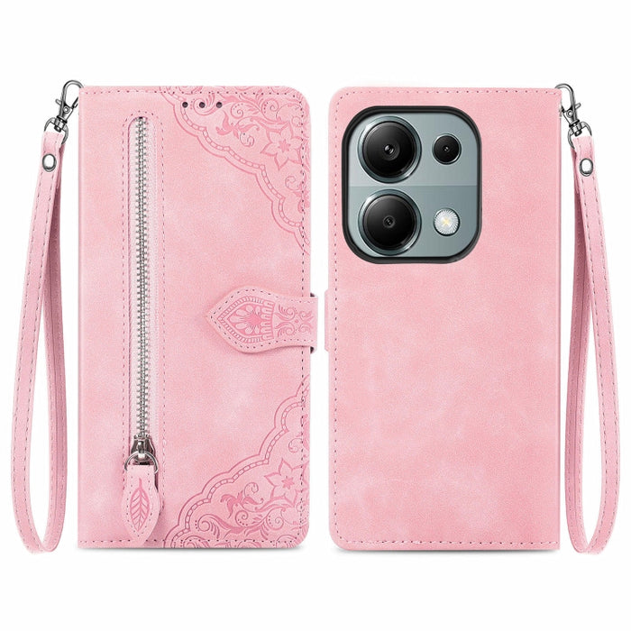 Funda para teléfono de cuero con cremallera y flores en relieve, For Xiaomi Poco M6 Pro 4G, For Xiaomi Redmi Note 13 Pro 4G, For Xiaomi Redmi A3, For Xiaomi Redmi Note 13 4G, For Xiaomi Redmi 13C 5G, For Xiaomi Redmi K70E, For Xiaomi Poco X6 Pro       ...