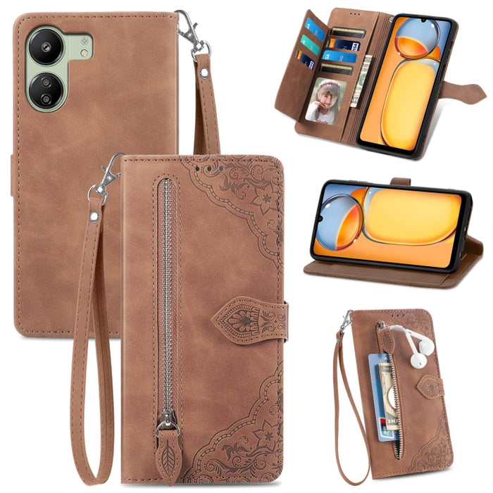 Funda para teléfono de cuero con cremallera y flores en relieve, For Xiaomi Poco M6 Pro 4G, For Xiaomi Redmi Note 13 Pro 4G, For Xiaomi Redmi A3, For Xiaomi Redmi Note 13 4G, For Xiaomi Redmi 13C 5G, For Xiaomi Redmi K70E, For Xiaomi Poco X6 Pro       ...