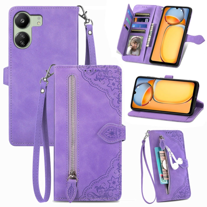 Funda para teléfono de cuero con cremallera y flores en relieve, For Xiaomi Poco M6 Pro 4G, For Xiaomi Redmi Note 13 Pro 4G, For Xiaomi Redmi A3, For Xiaomi Redmi Note 13 4G, For Xiaomi Redmi 13C 5G, For Xiaomi Redmi K70E, For Xiaomi Poco X6 Pro       ...