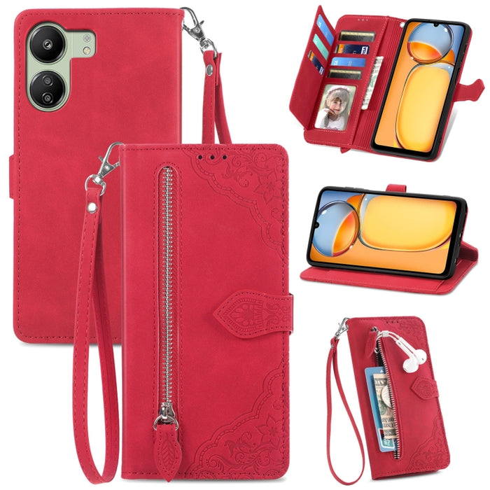 Funda para teléfono de cuero con cremallera y flores en relieve, For Xiaomi Poco M6 Pro 4G, For Xiaomi Redmi Note 13 Pro 4G, For Xiaomi Redmi A3, For Xiaomi Redmi Note 13 4G, For Xiaomi Redmi 13C 5G, For Xiaomi Redmi K70E, For Xiaomi Poco X6 Pro       ...