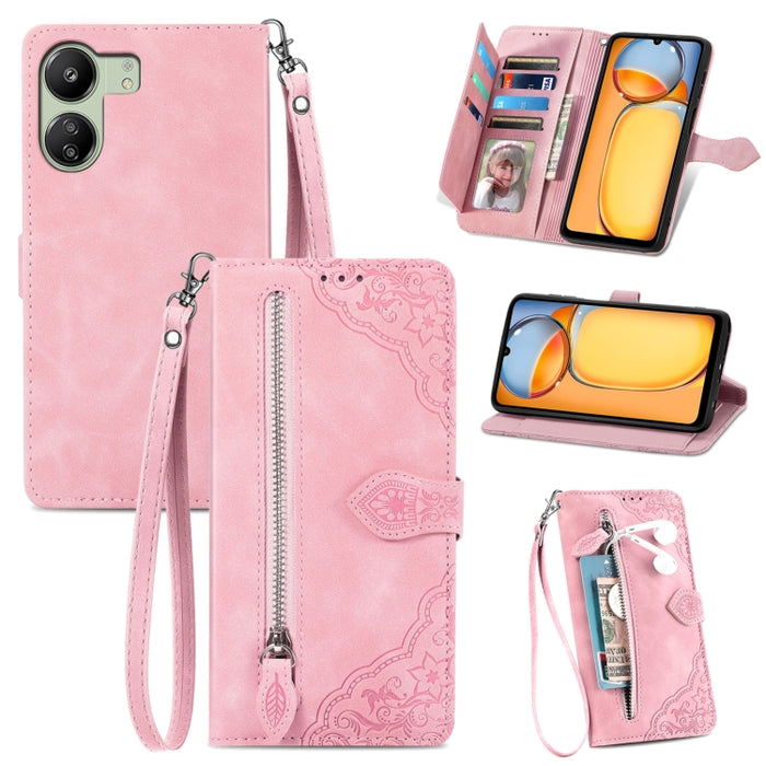 Funda para teléfono de cuero con cremallera y flores en relieve, For Xiaomi Poco M6 Pro 4G, For Xiaomi Redmi Note 13 Pro 4G, For Xiaomi Redmi A3, For Xiaomi Redmi Note 13 4G, For Xiaomi Redmi 13C 5G, For Xiaomi Redmi K70E, For Xiaomi Poco X6 Pro       ...