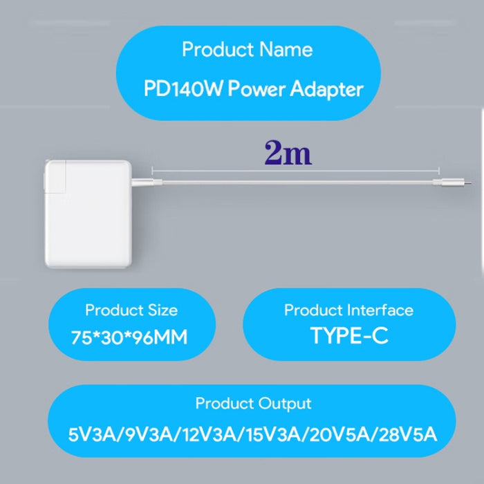 Adaptador de corriente para portátil PD3.1 140W USB-C PD + cable de datos USB-C a USB-C de 2m 5A, EU Plug, US Plug, AU Plug, UK Plug