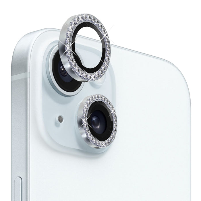 NORTHJO Protector de lente de cámara Película de anillo de diamantes de imitación de metal de vidrio templado, For iPhone 15 / 15 Plus