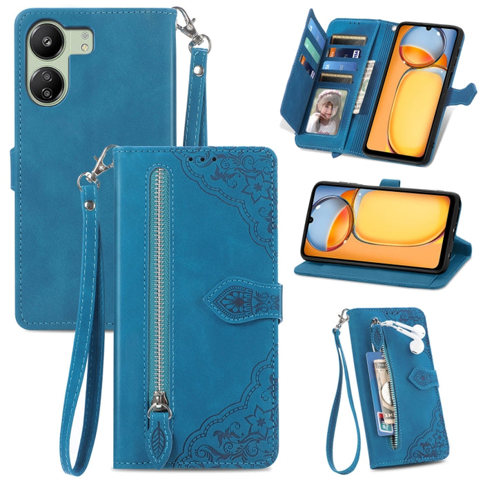 Funda para teléfono de cuero con cremallera y flores en relieve, For Xiaomi Redmi Turbo 3 5G, For Xiaomi 14 Pro, For Xiaomi 14, For Xiaomi Redmi 13C, For Redmi 15C 5G / 4G Glodal 171mm
