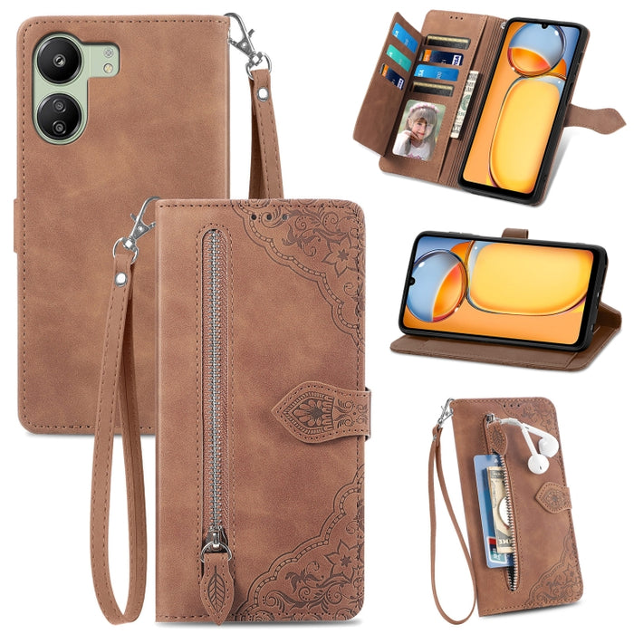 Funda para teléfono de cuero con cremallera y flores en relieve, For Xiaomi Redmi Turbo 3 5G, For Xiaomi 14 Pro, For Xiaomi 14, For Xiaomi Redmi 13C, For Redmi 15C 5G / 4G Glodal 171mm