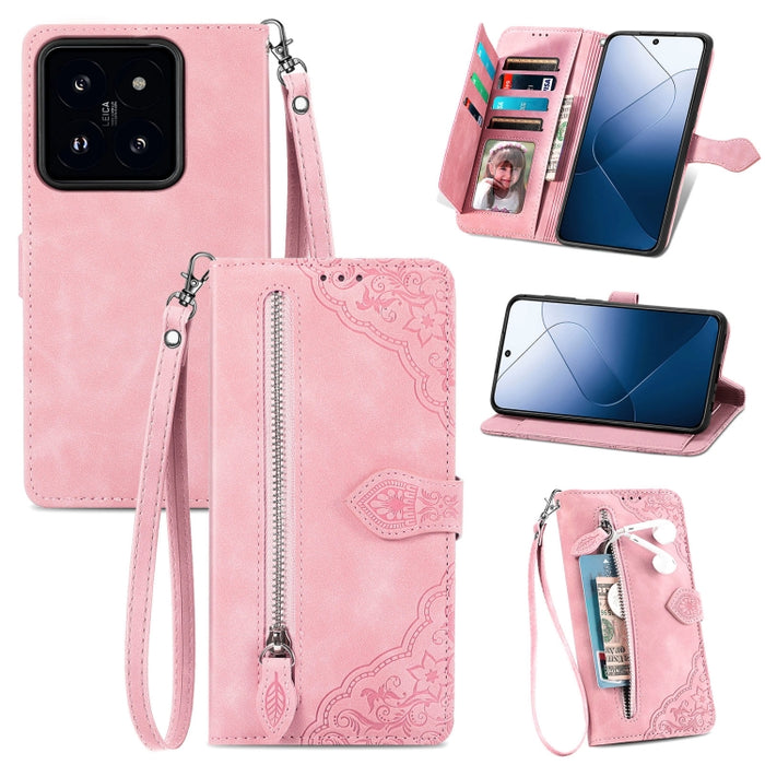 Funda para teléfono de cuero con cremallera y flores en relieve, For Xiaomi Redmi Turbo 3 5G, For Xiaomi 14 Pro, For Xiaomi 14, For Xiaomi Redmi 13C, For Redmi 15C 5G / 4G Glodal 171mm