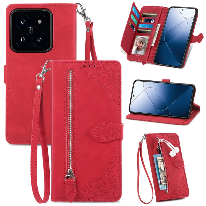 Funda para teléfono de cuero con cremallera y flores en relieve, For Xiaomi Redmi Turbo 3 5G, For Xiaomi 14 Pro, For Xiaomi 14, For Xiaomi Redmi 13C, For Redmi 15C 5G / 4G Glodal 171mm