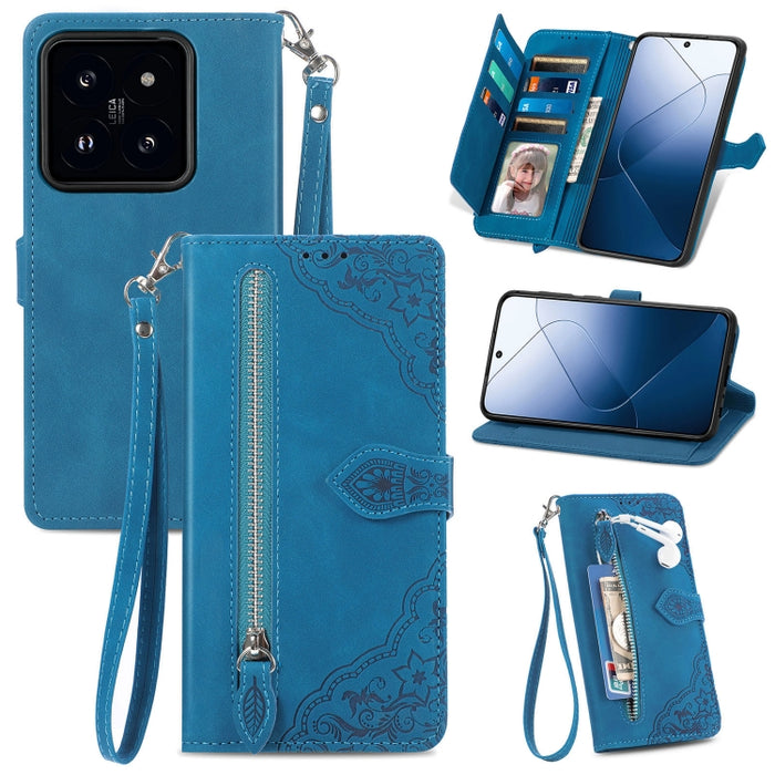 Funda para teléfono de cuero con cremallera y flores en relieve, For Xiaomi Redmi Turbo 3 5G, For Xiaomi 14 Pro, For Xiaomi 14, For Xiaomi Redmi 13C, For Redmi 15C 5G / 4G Glodal 171mm