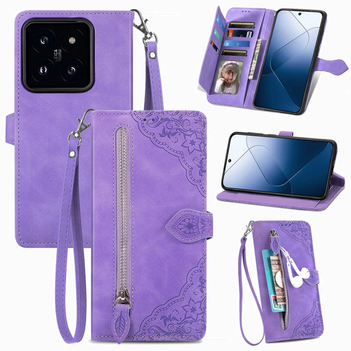 Funda para teléfono de cuero con cremallera y flores en relieve, For Xiaomi Redmi Turbo 3 5G, For Xiaomi 14 Pro, For Xiaomi 14, For Xiaomi Redmi 13C, For Redmi 15C 5G / 4G Glodal 171mm