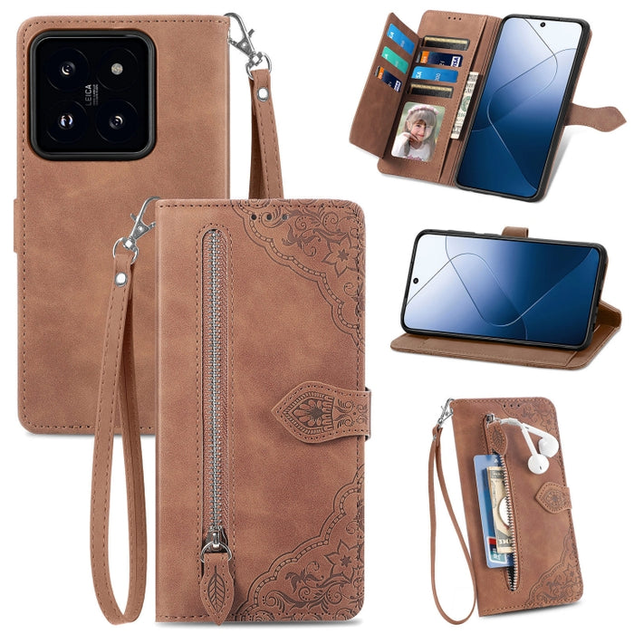 Funda para teléfono de cuero con cremallera y flores en relieve, For Xiaomi Redmi Turbo 3 5G, For Xiaomi 14 Pro, For Xiaomi 14, For Xiaomi Redmi 13C, For Redmi 15C 5G / 4G Glodal 171mm